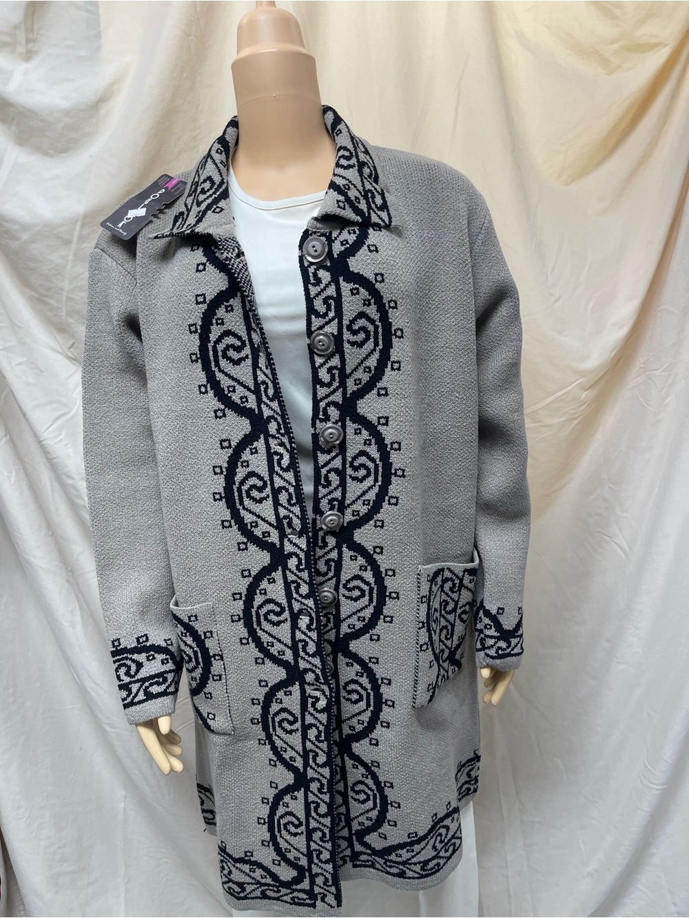 Beige and Black Patterned Button-Front Women's heavy Sweater.